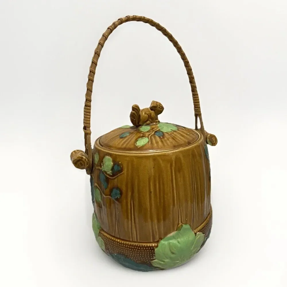 Vintage Majolica Biscuit Cookie Jar Squirrel Top Rattan Handle Hand Glazed Japan